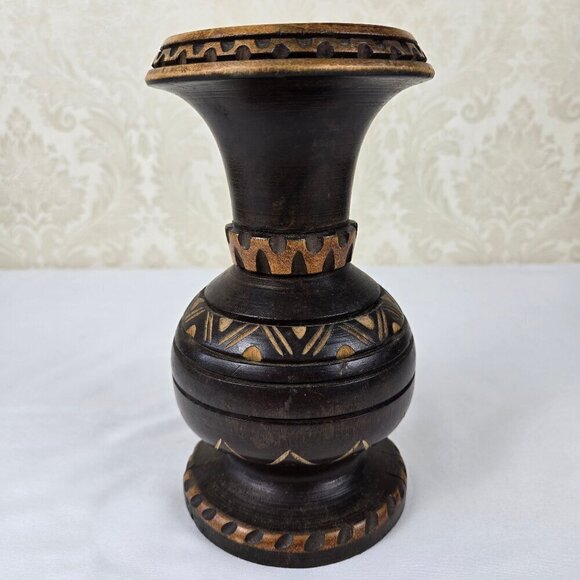 Vintage Handcarved Dark Wooden Footed Vase Folk Art Two Tone Brown - Picture 4 of 12